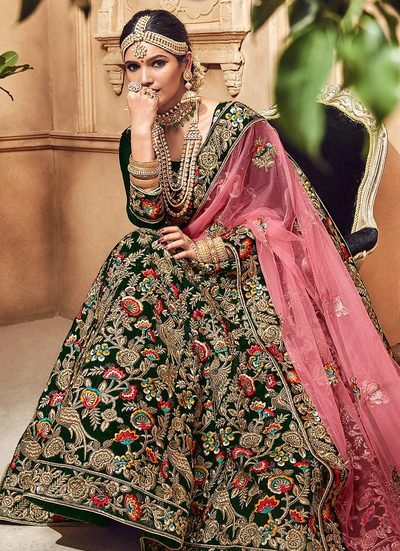 Green And Pink Velvet Hand Embroidered Lehenga Choli