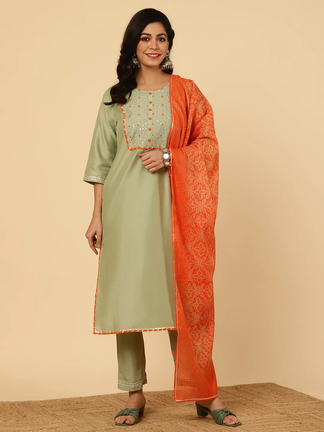 Green Embroidered Straight Kurta With Pants And Dupatta