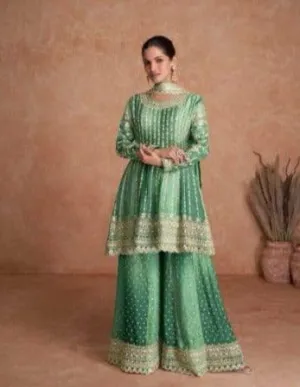 Green Tie and Dye Chinon Suit with Embroidered Sharara and Dual Shade Dupatta