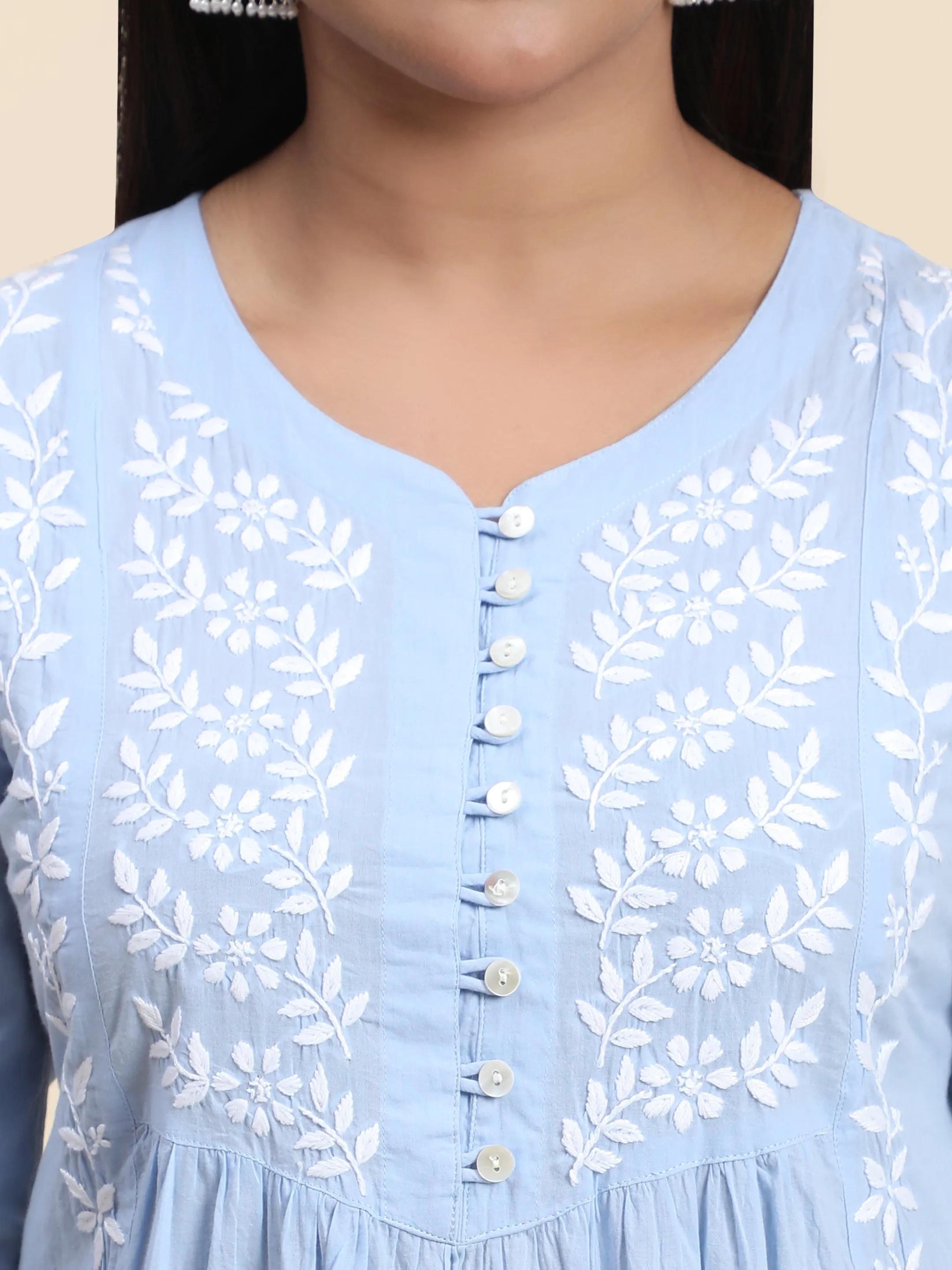 Hand embroidery Chikankari Dress-Blue White