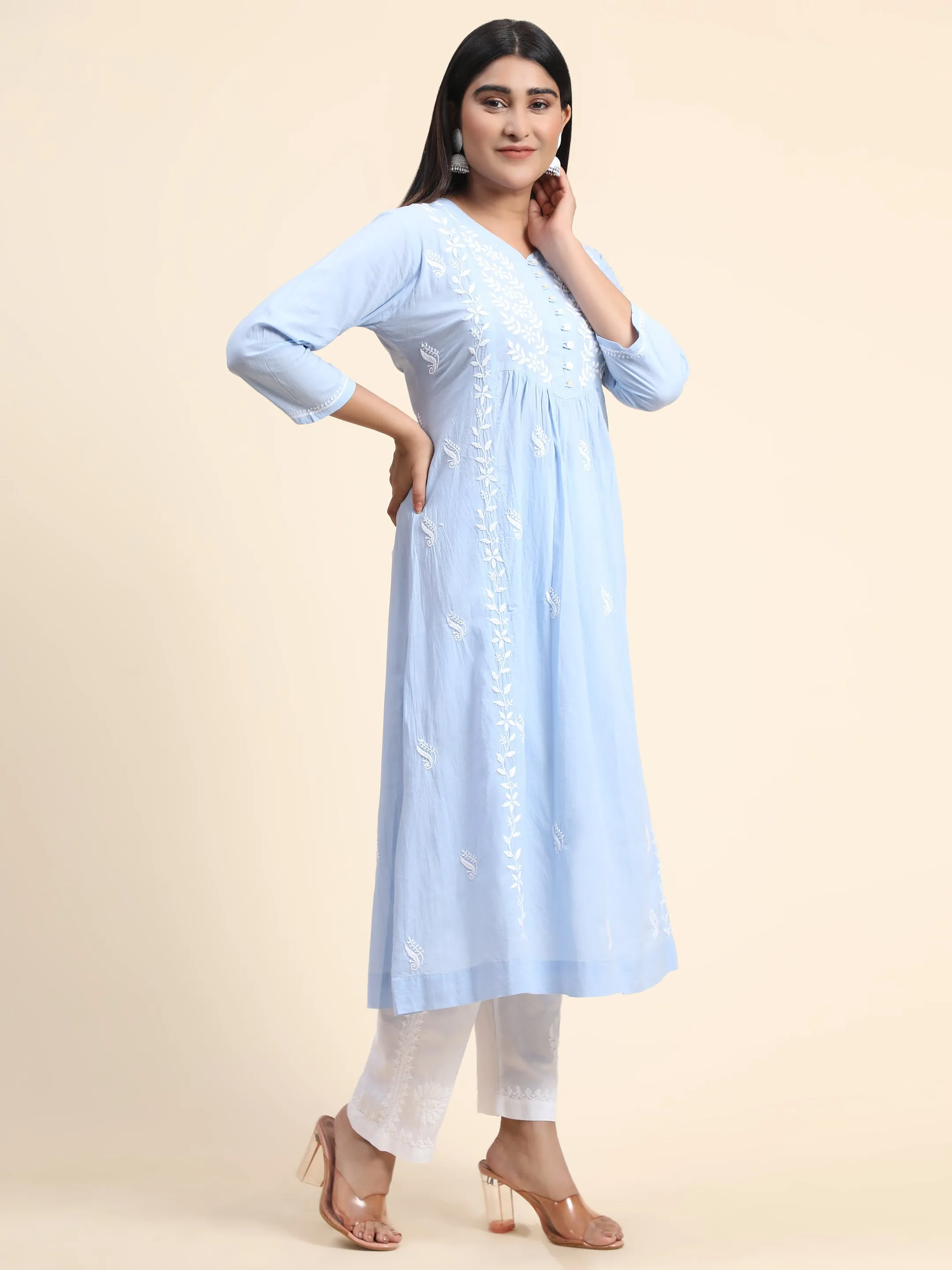 Hand embroidery Chikankari Dress-Blue White