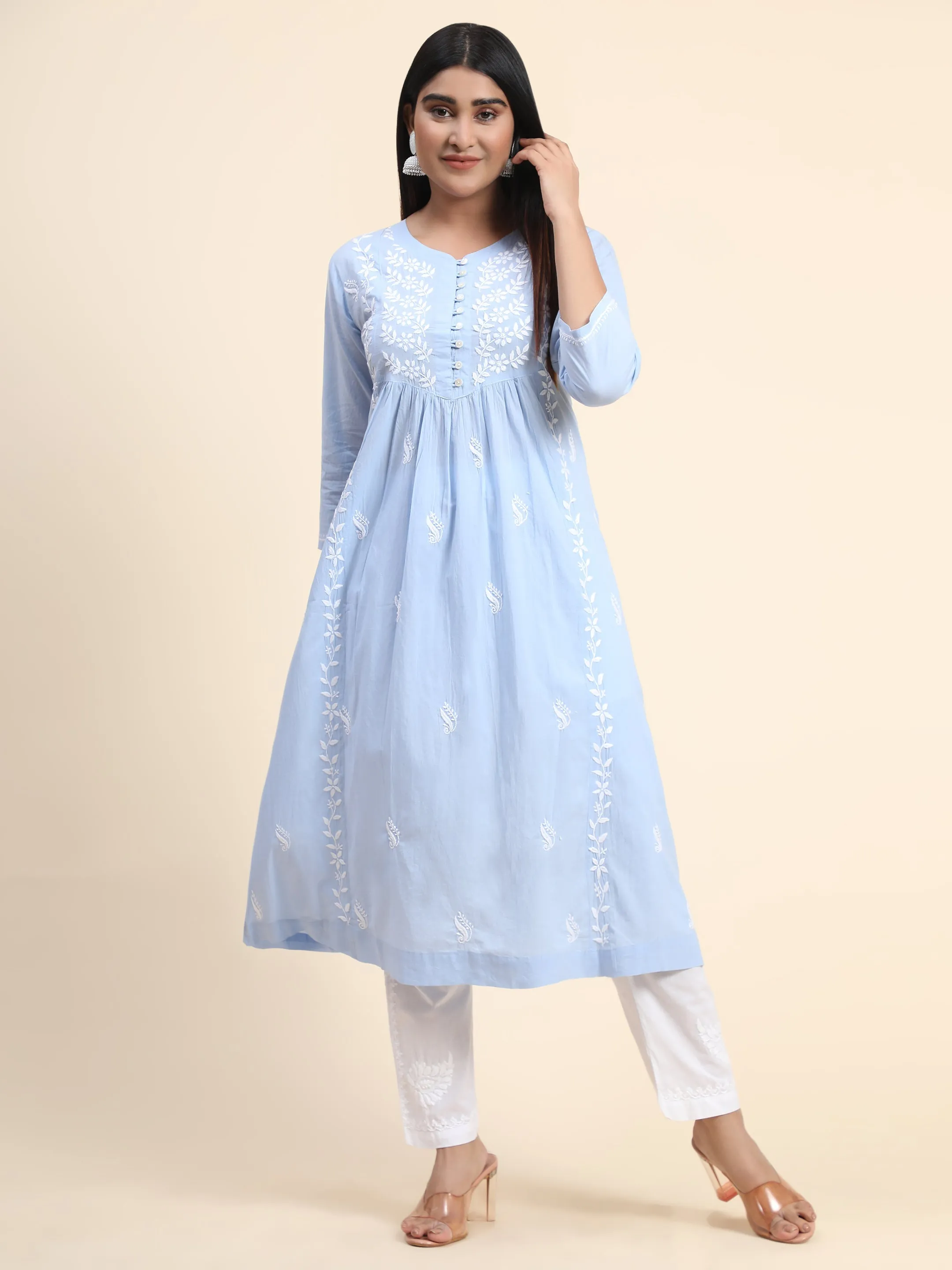 Hand embroidery Chikankari Dress-Blue White