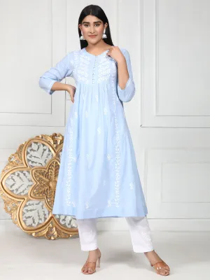 Hand embroidery Chikankari Dress-Blue White