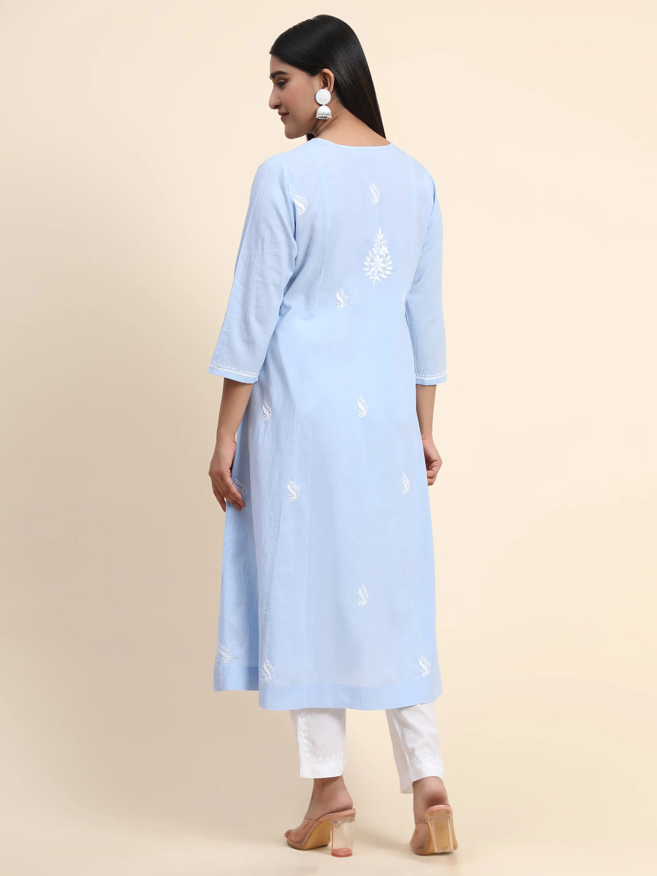 Hand embroidery Chikankari Dress-Blue White