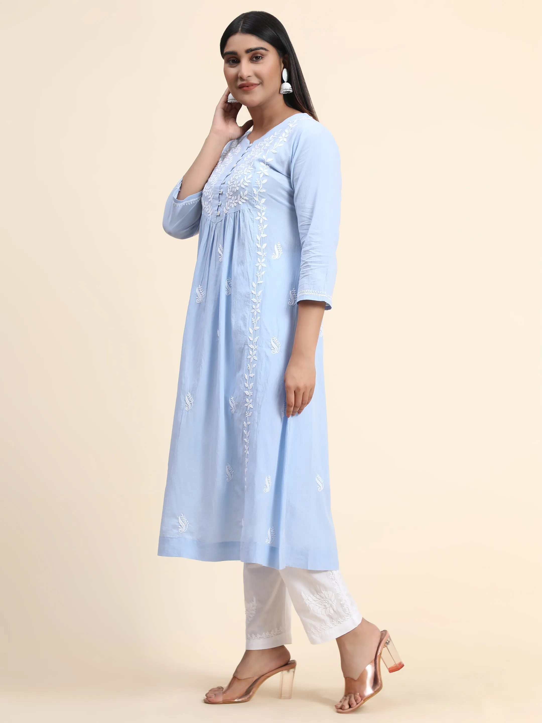 Hand embroidery Chikankari Dress-Blue White