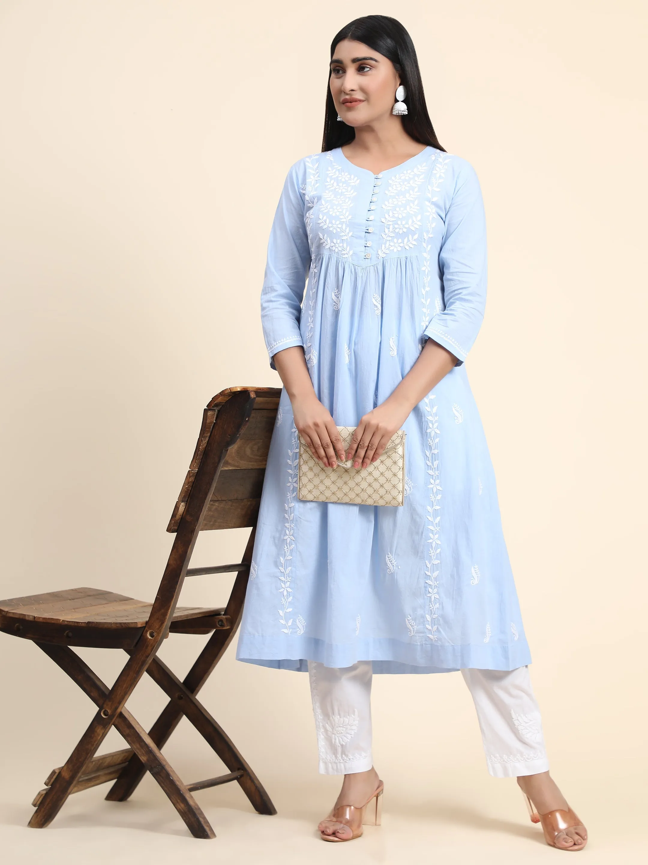 Hand embroidery Chikankari Dress-Blue White