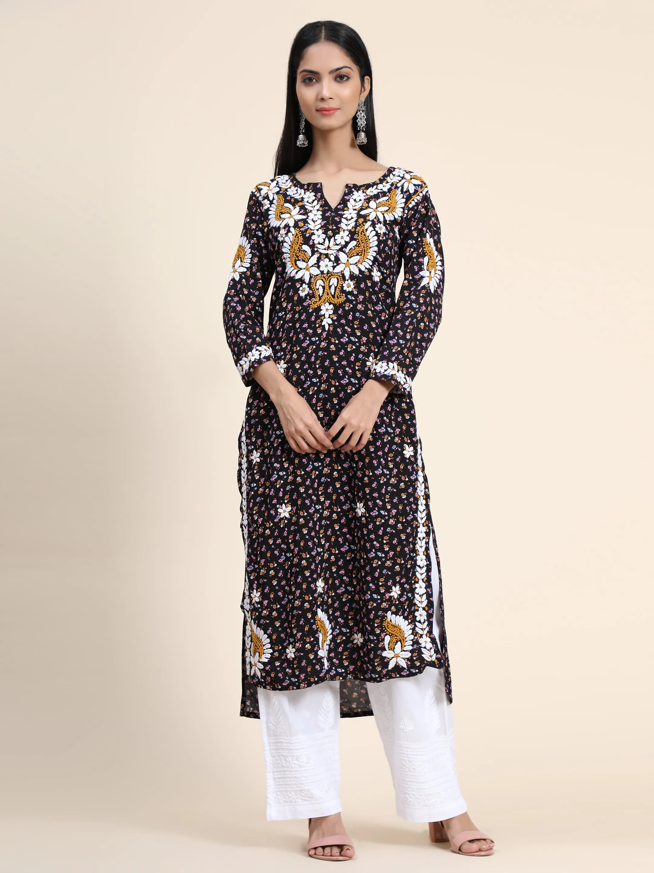 HOK Printed Rayon in Hand Embroidery- Dark Print