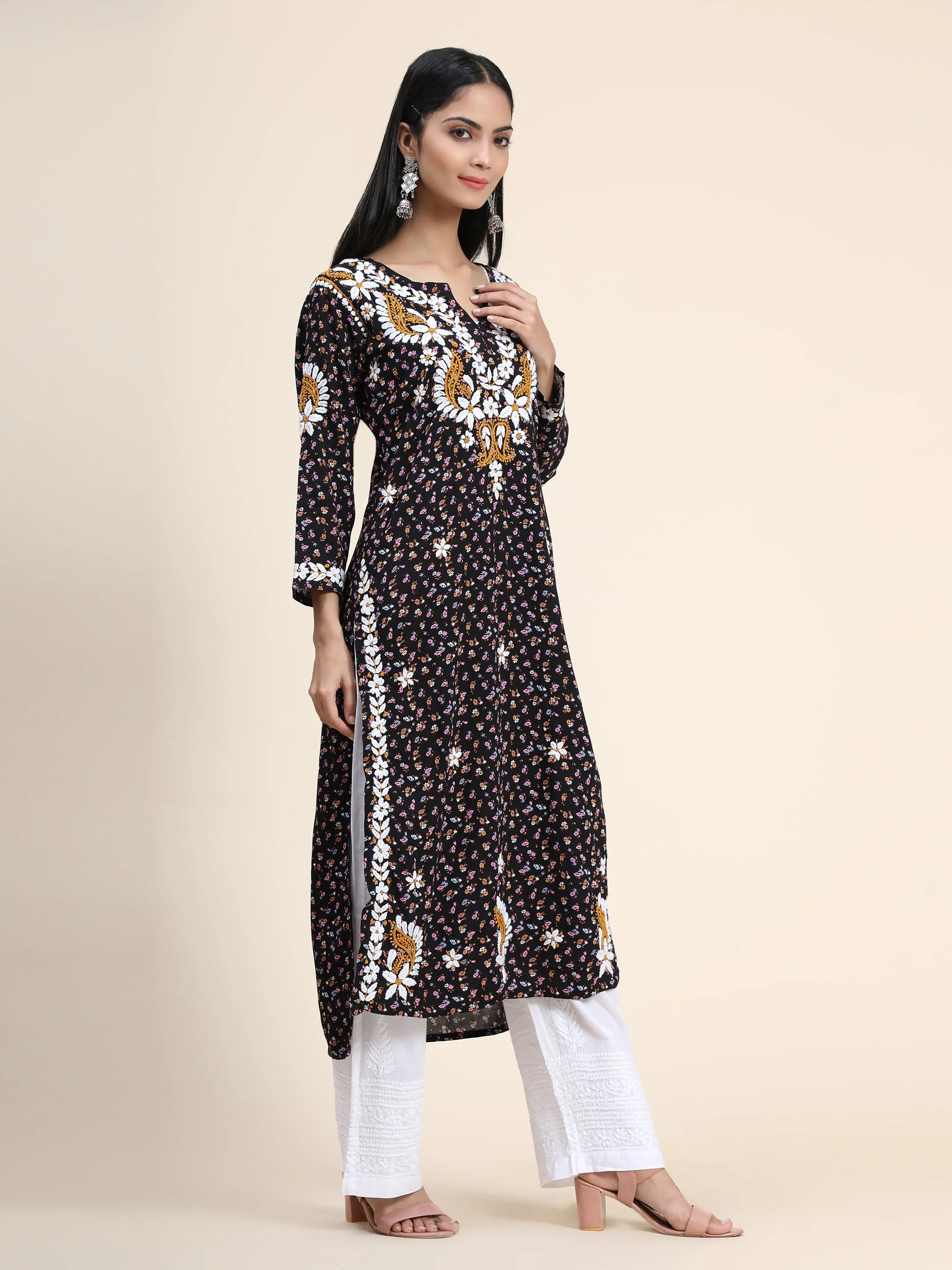 HOK Printed Rayon in Hand Embroidery- Dark Print