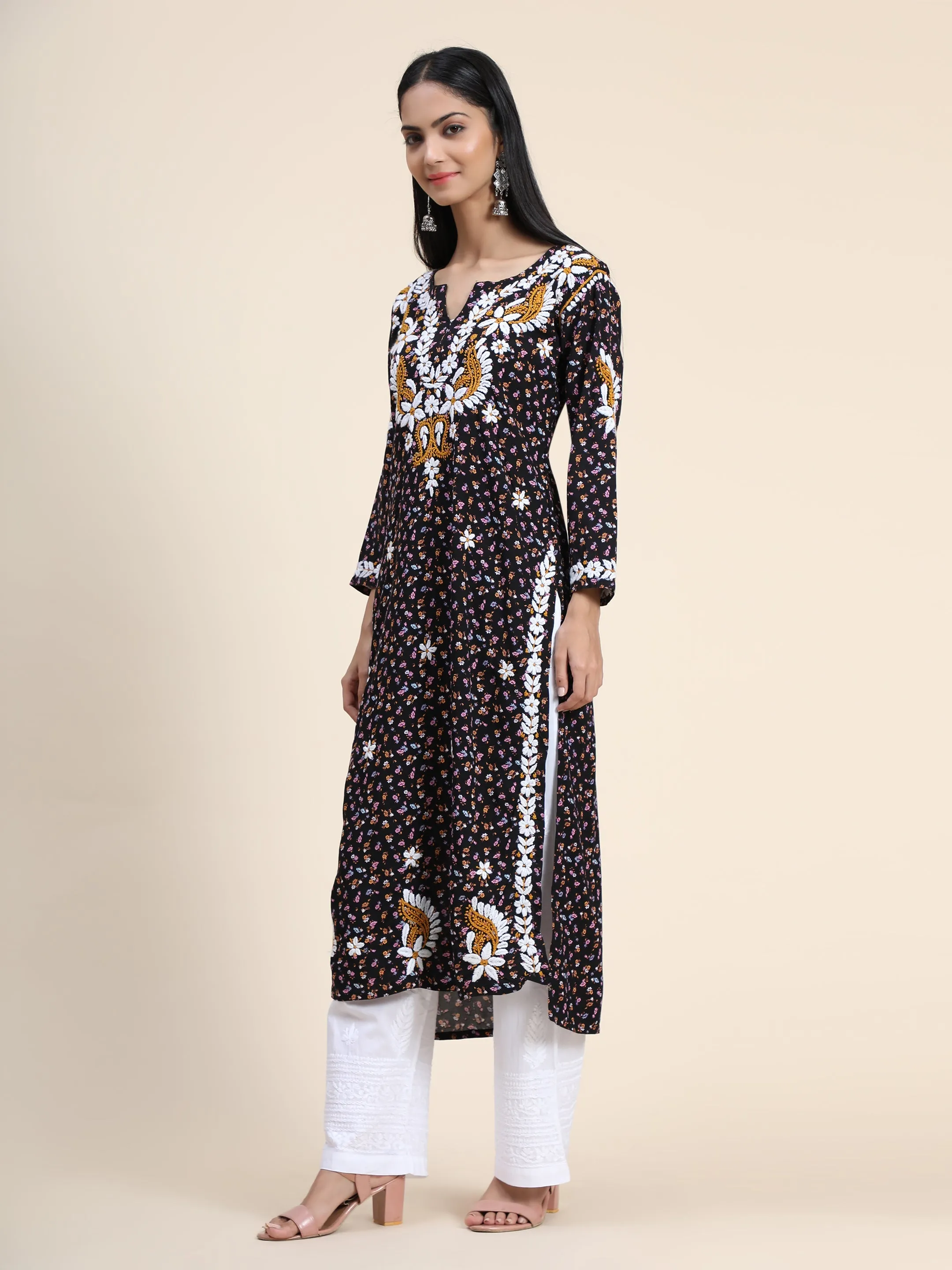 HOK Printed Rayon in Hand Embroidery- Dark Print