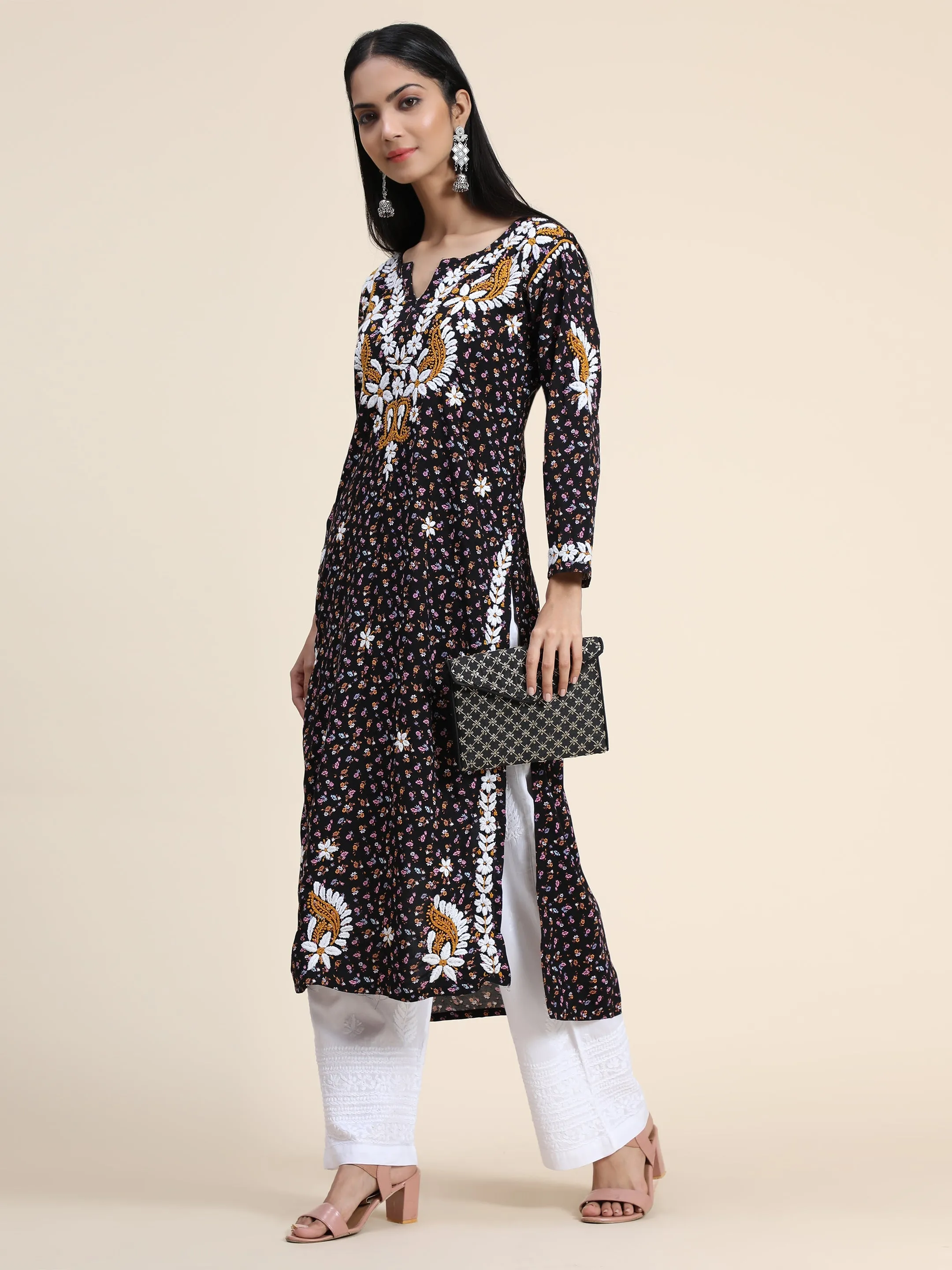 HOK Printed Rayon in Hand Embroidery- Dark Print