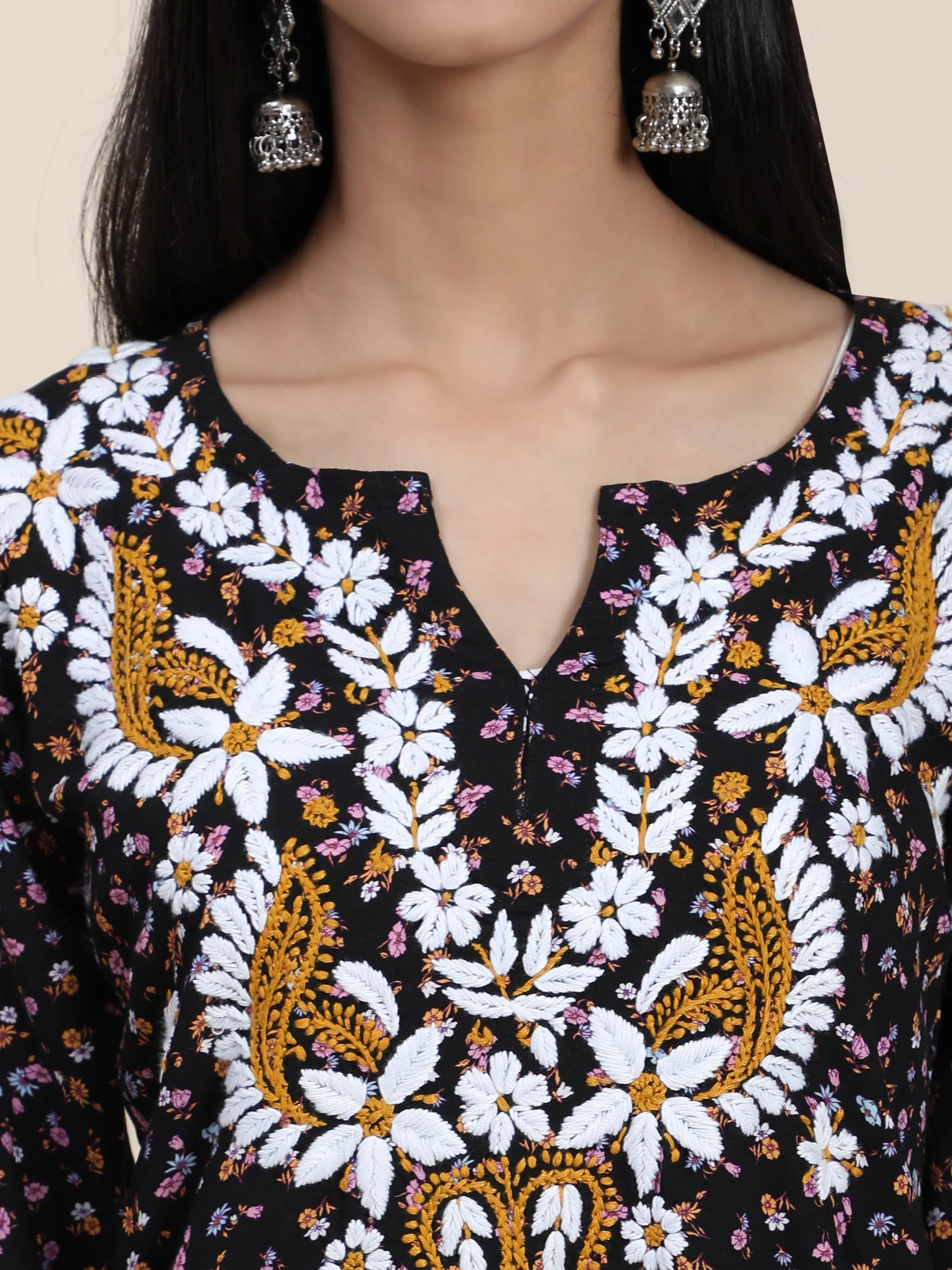 HOK Printed Rayon in Hand Embroidery- Dark Print