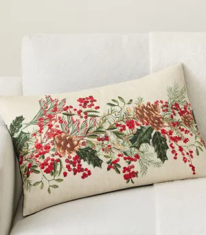 Holly Berry Embroidered Lumbar Pillow Cover