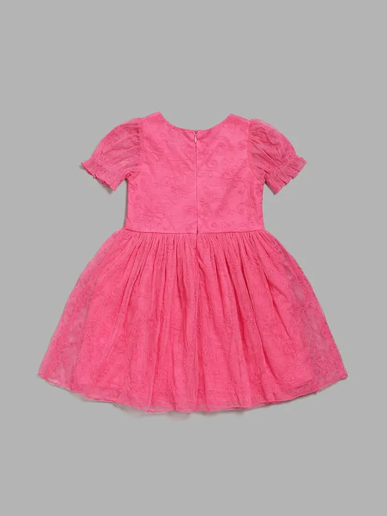 HOP Kids Pink Thread-Embroidered Mesh Dress