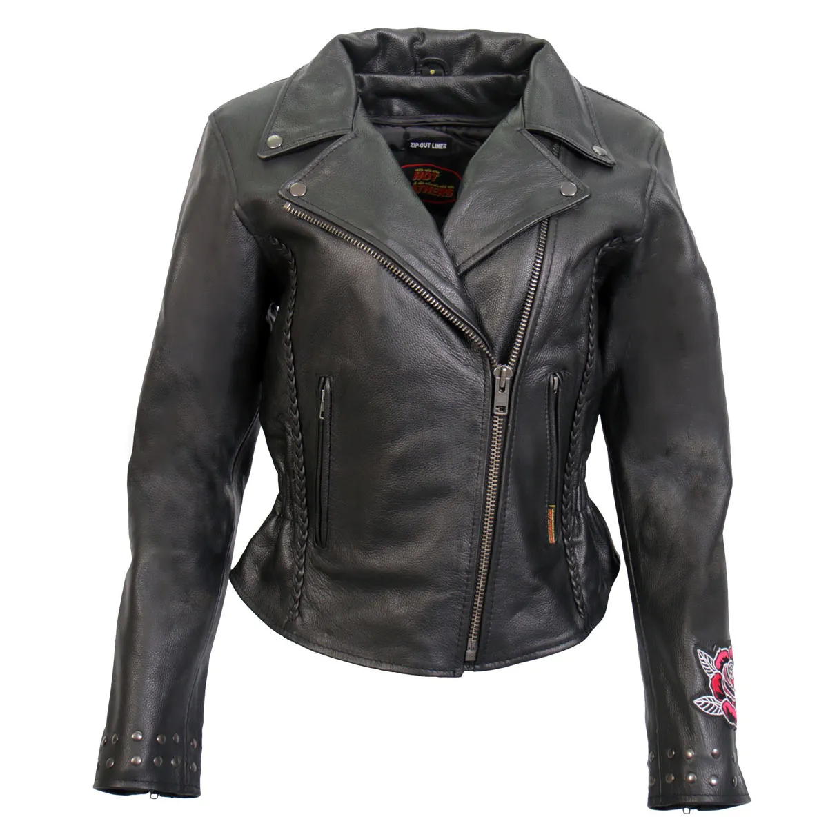 Hot Leathers JKL2001 Women's Black 'Embroidered Bling Rose Design' Braided Motorcycle Leather Jacket