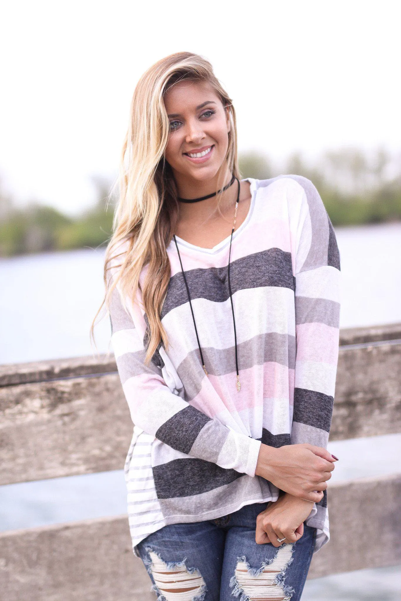 Ivory And Pink Top with Striped Back