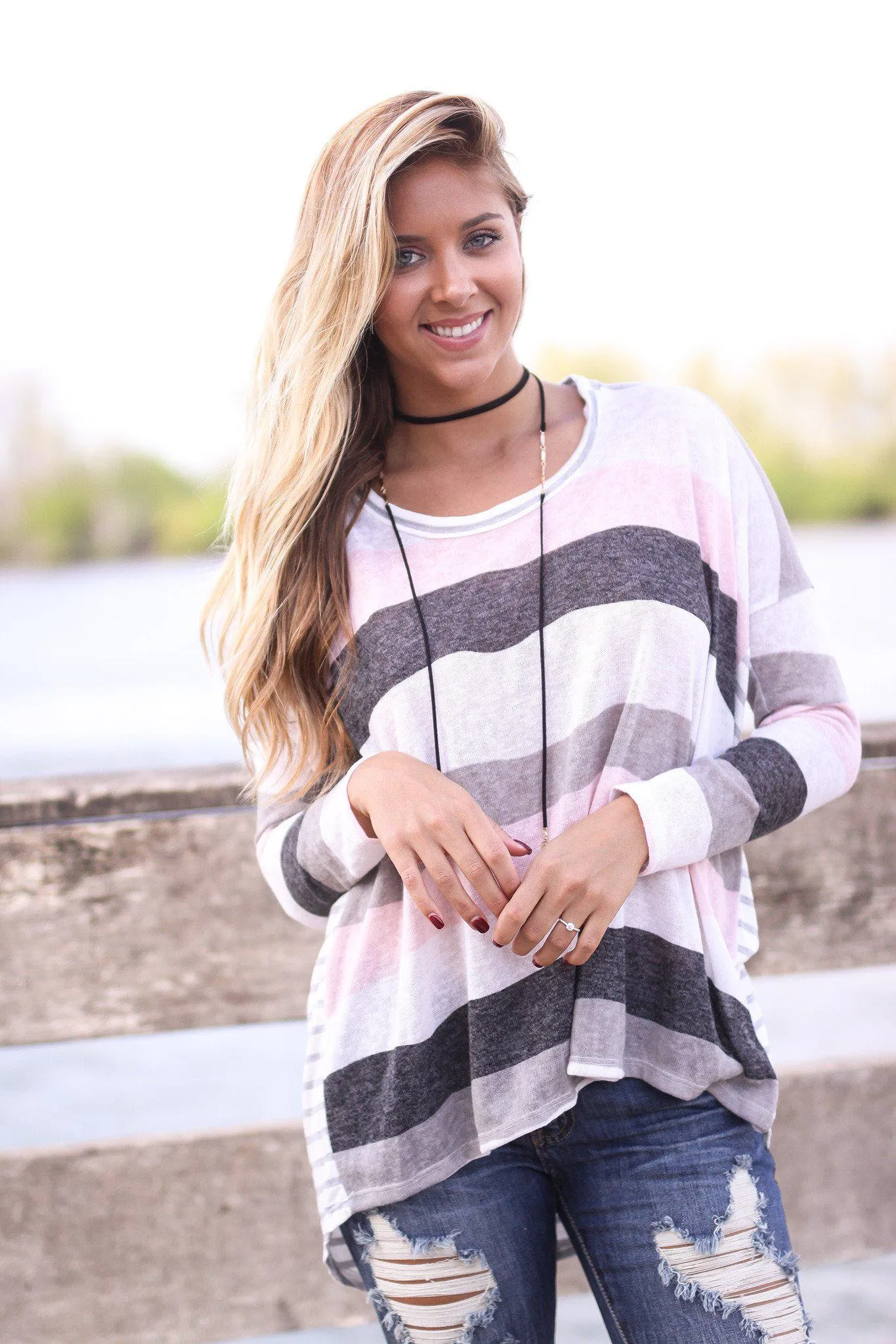 Ivory And Pink Top with Striped Back