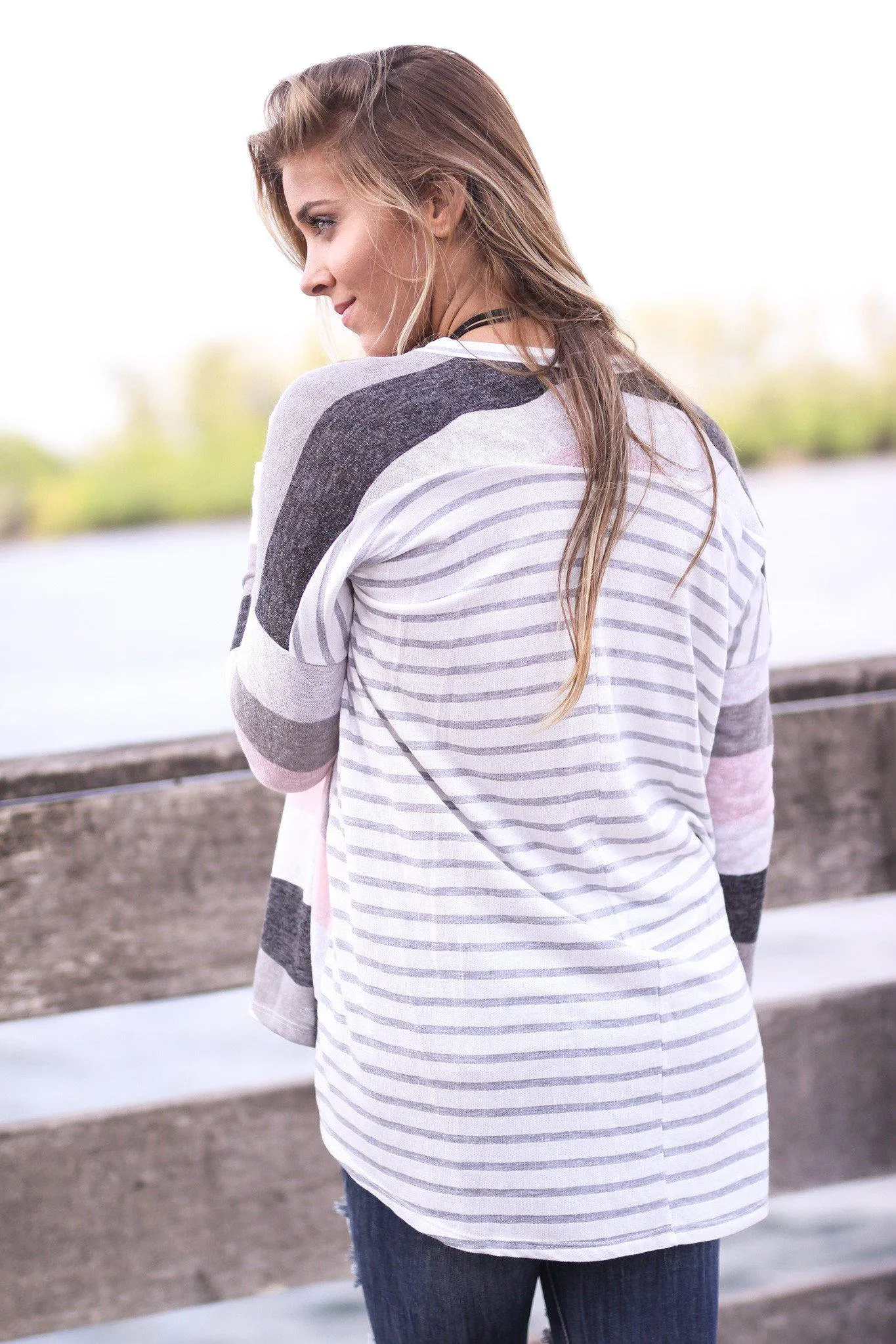 Ivory And Pink Top with Striped Back