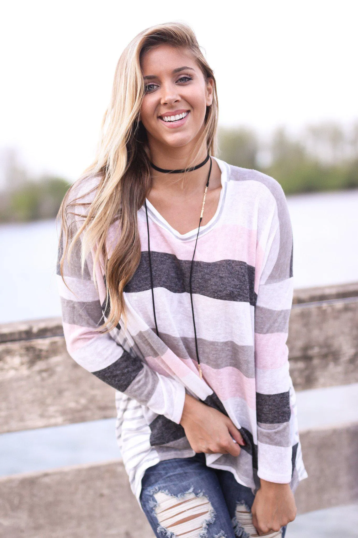 Ivory And Pink Top with Striped Back