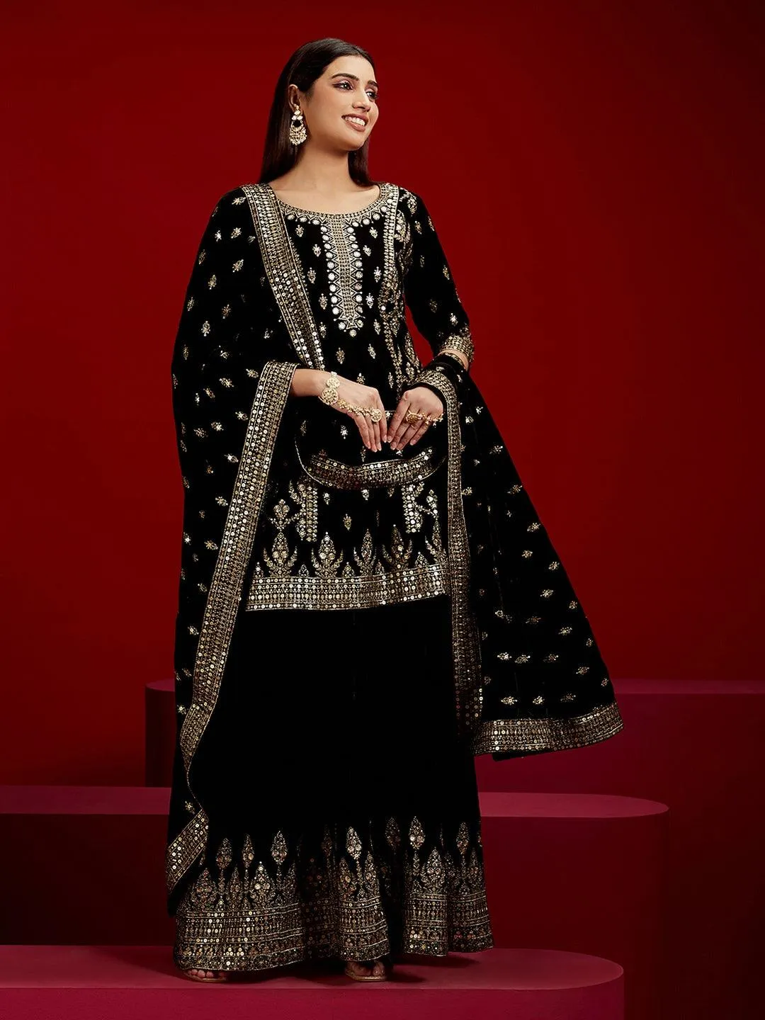 Jashvi Art Black Embroidered Velvet Straight Suit With Dupatta