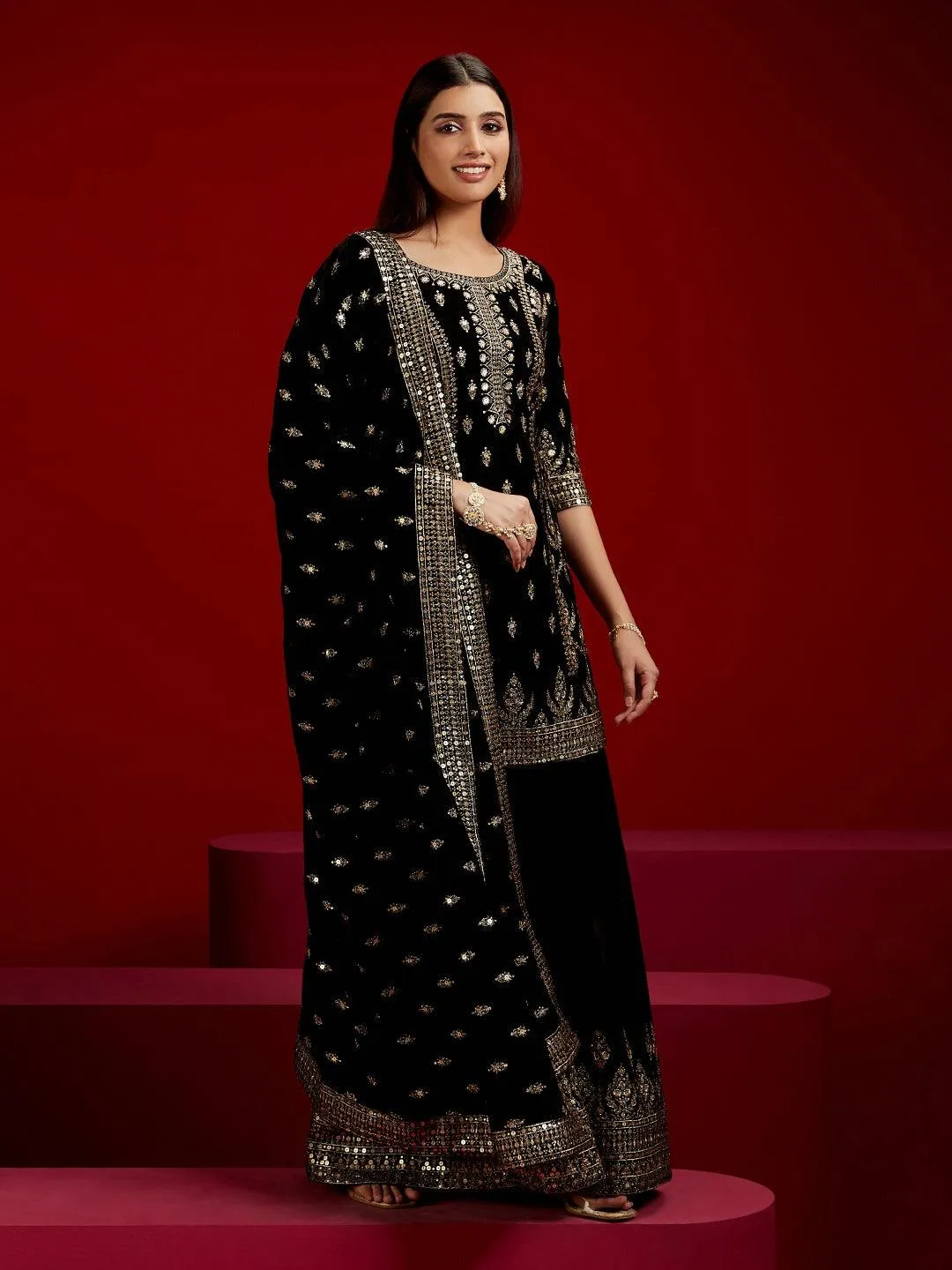 Jashvi Art Black Embroidered Velvet Straight Suit With Dupatta