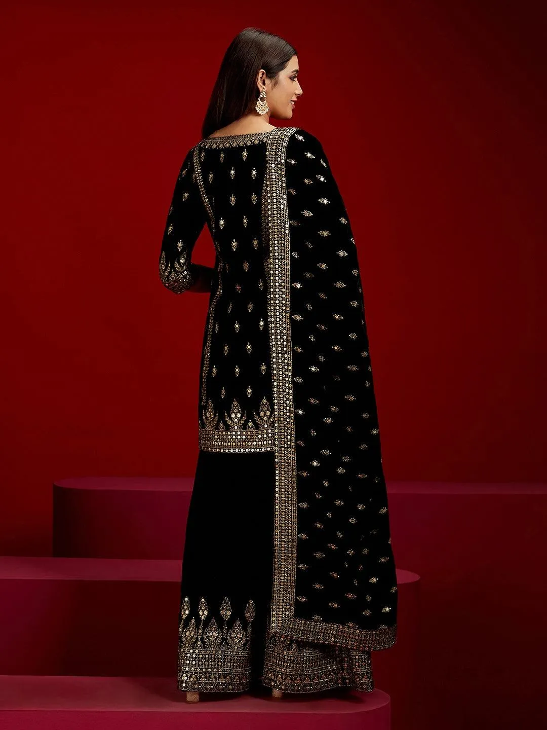 Jashvi Art Black Embroidered Velvet Straight Suit With Dupatta