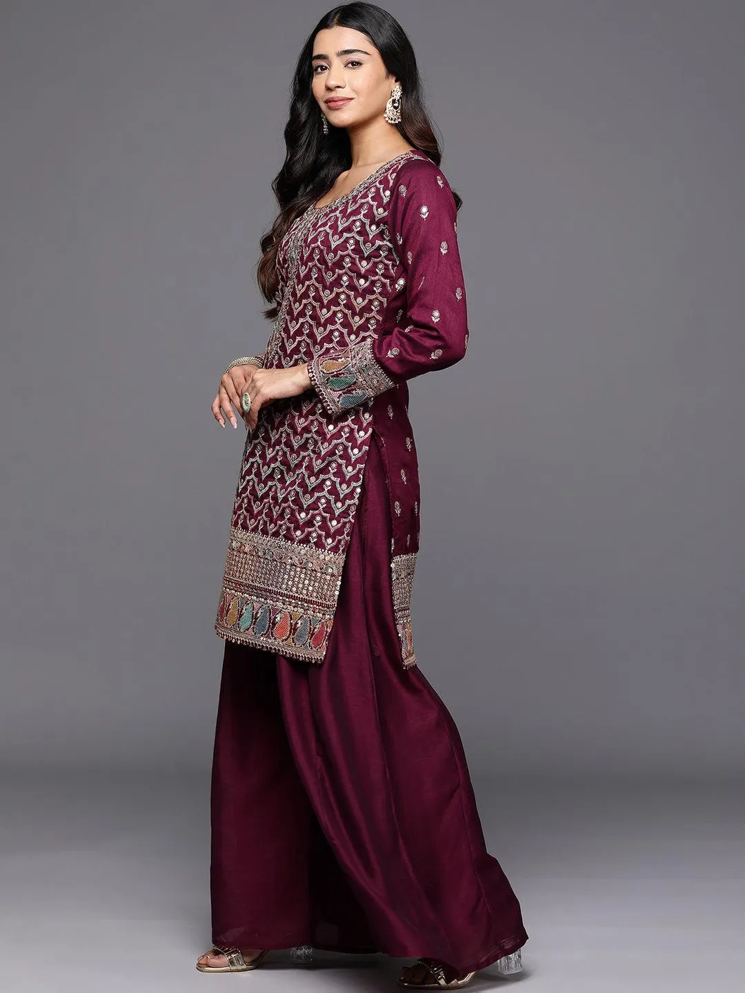 Jashvi Art Maroon Embroidered Silk Blend Pakistani Suit