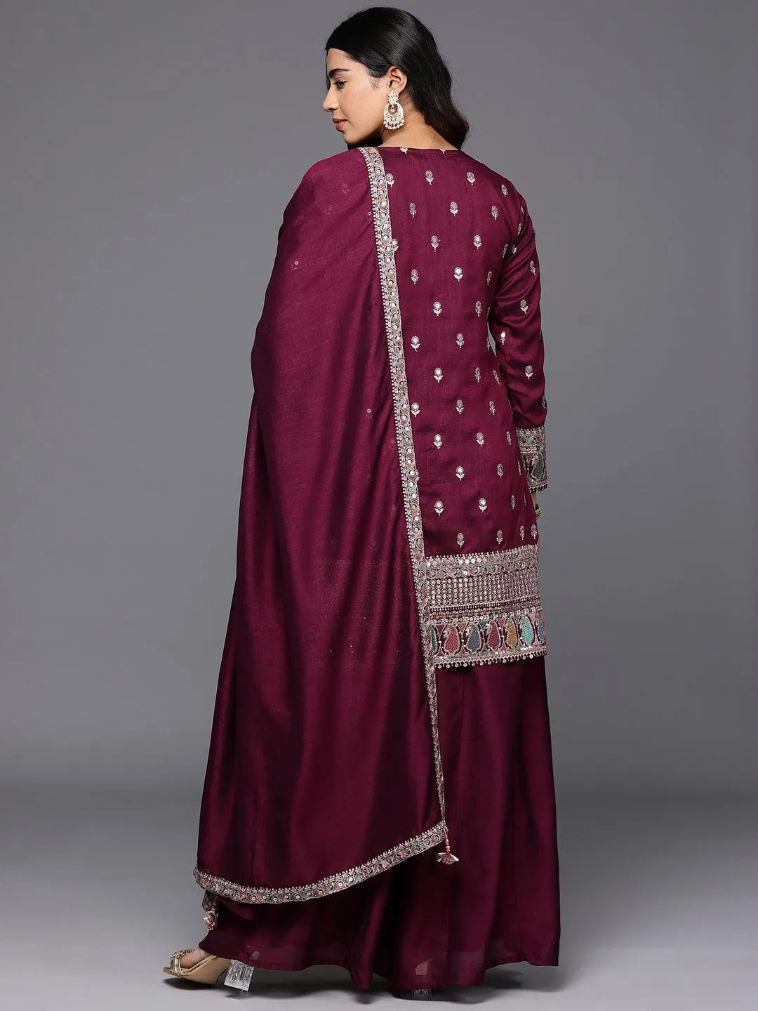 Jashvi Art Maroon Embroidered Silk Blend Pakistani Suit