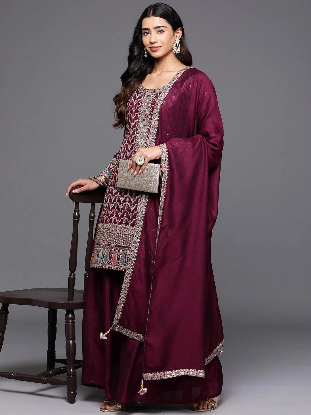 Jashvi Art Maroon Embroidered Silk Blend Pakistani Suit