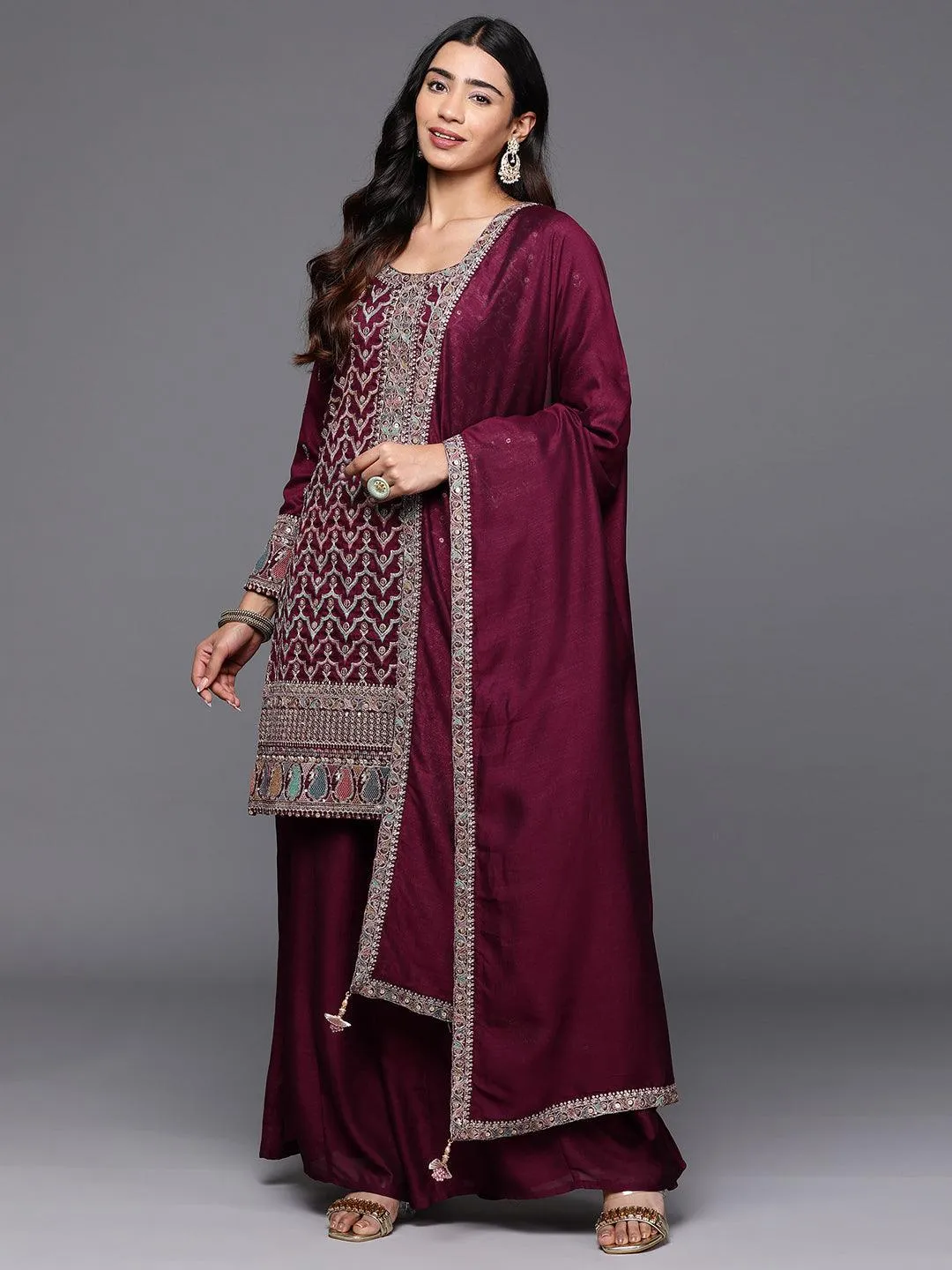 Jashvi Art Maroon Embroidered Silk Blend Pakistani Suit