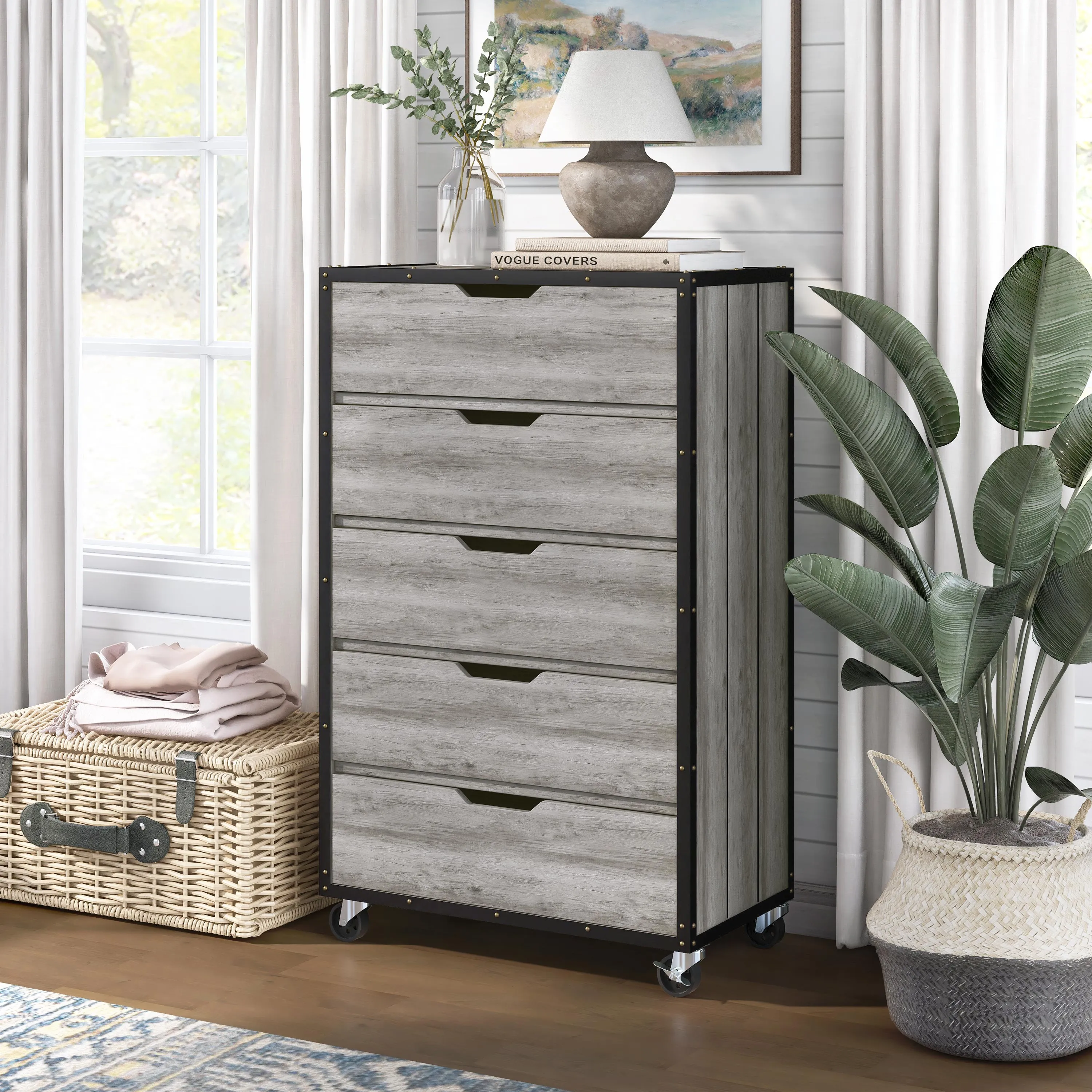 Karthy Industrial Vintage Gray Oak 5-drawer Mobile Tall Dresser