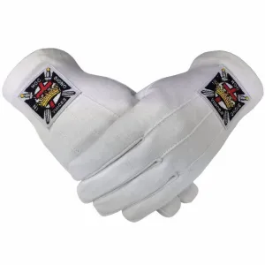 Knights Templar Commandery Gloves - White Cotton Machine Embroidered Emblem