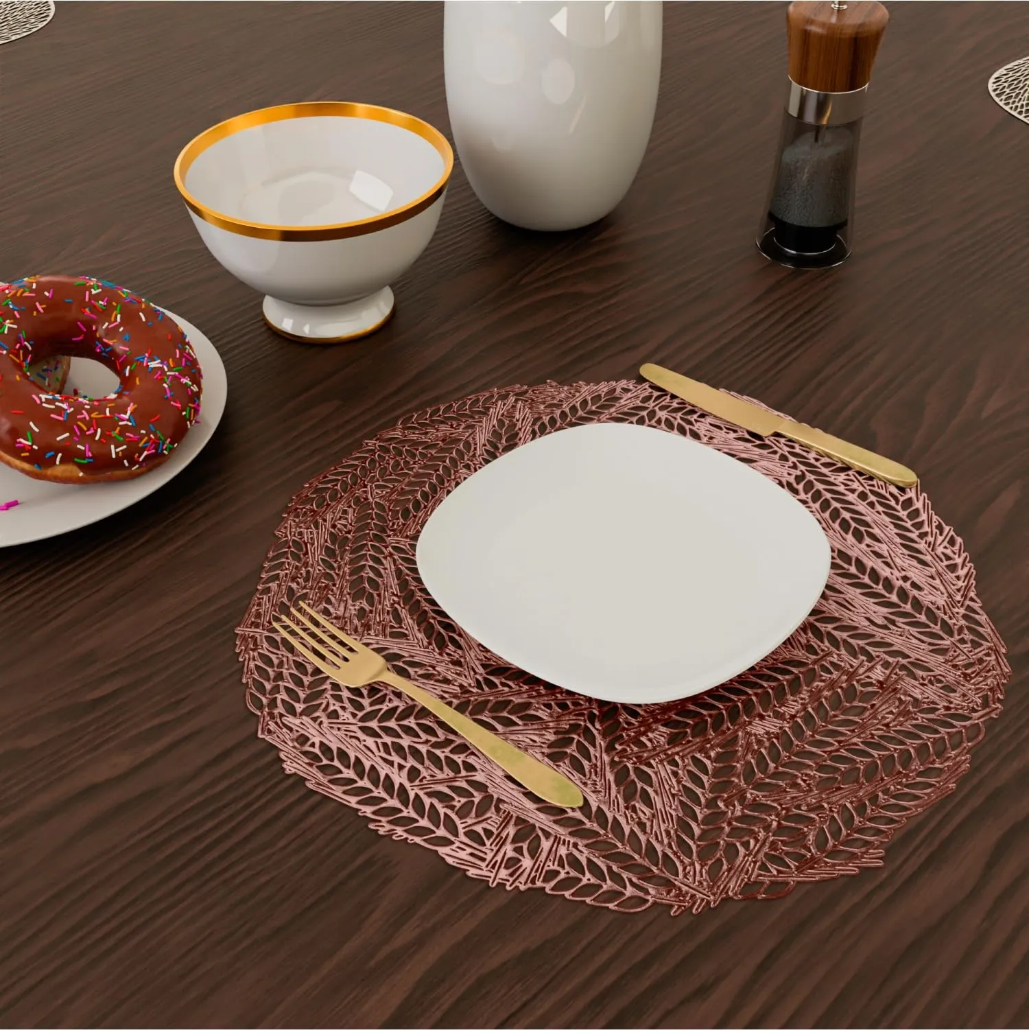 Kuber Industries Placemat | Placemats for Dining Room | Designer Table Mat Set | Placemats for Kitchen Table | Round Table Placemats | Leaf-Design Placemat | 4 Piece Set | Copper