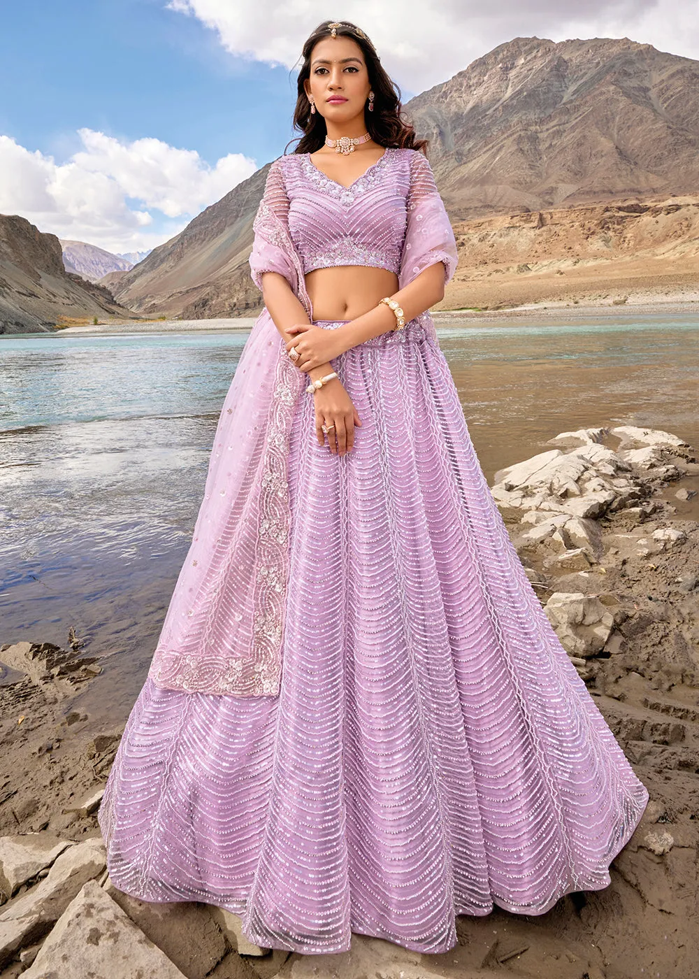 Lavender Embroidered Pure Net Designer Bridal Lehenga Choli