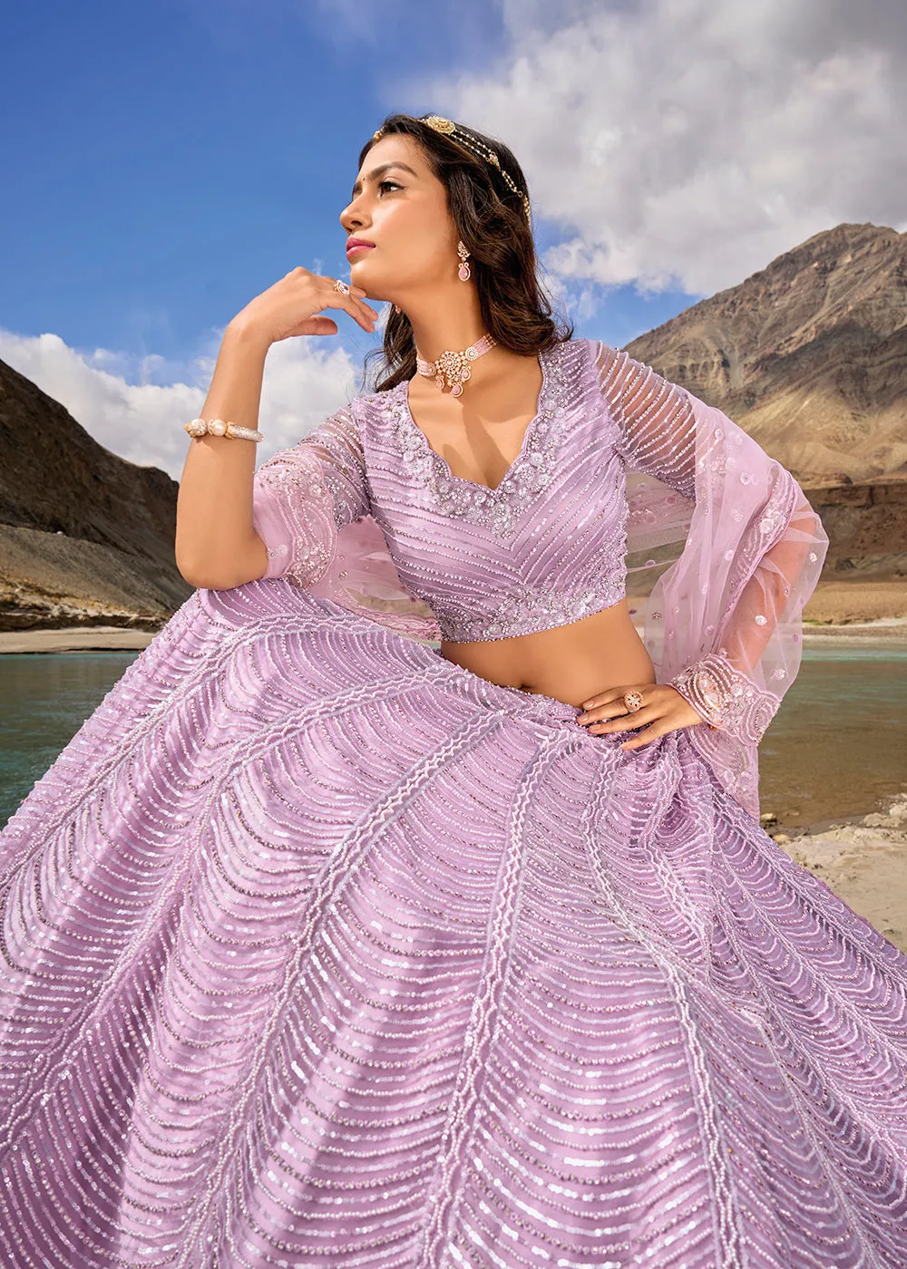 Lavender Embroidered Pure Net Designer Bridal Lehenga Choli