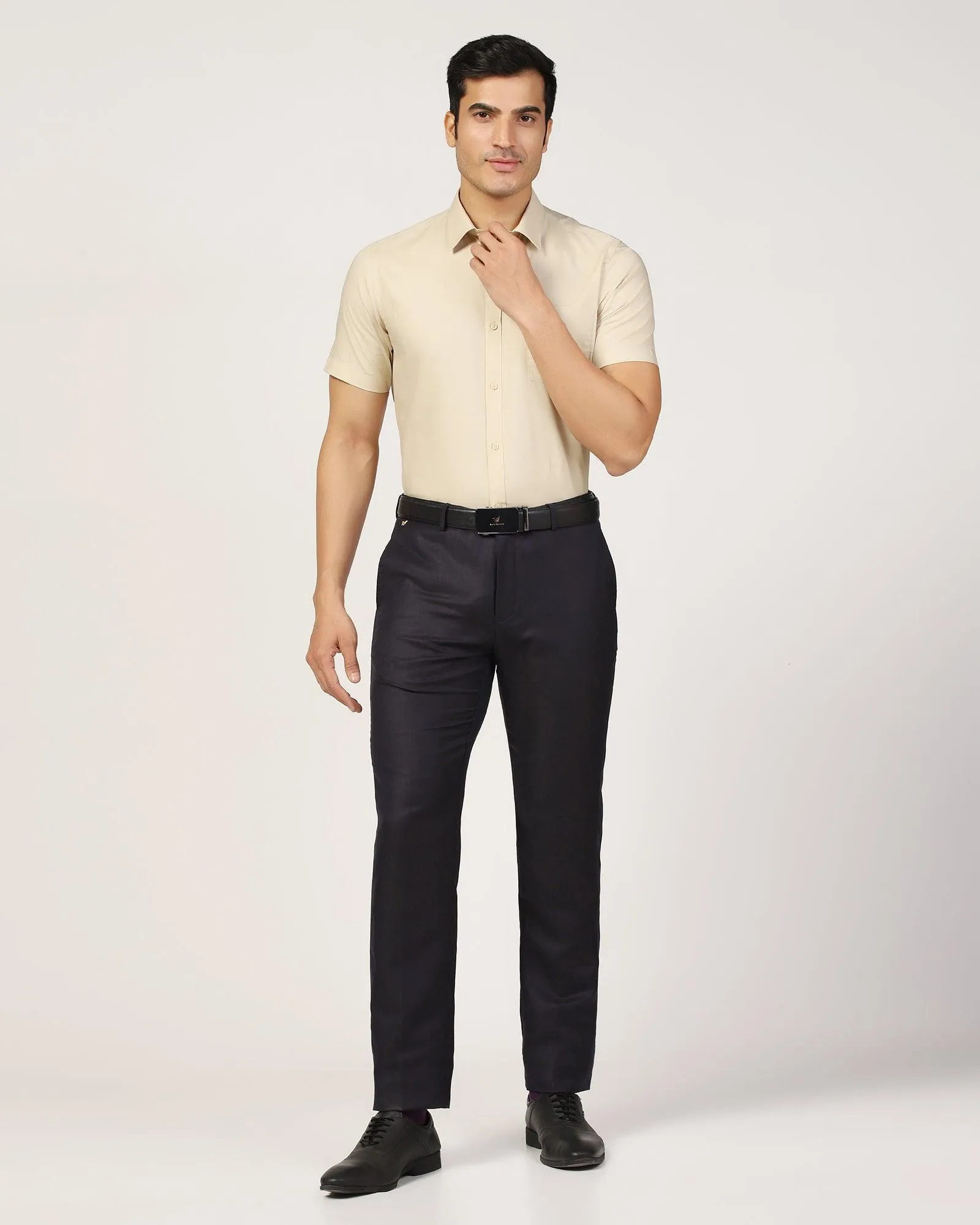 Luxe Linen Slim Comfort B-95 Formal Navy Solid Trouser - Platina