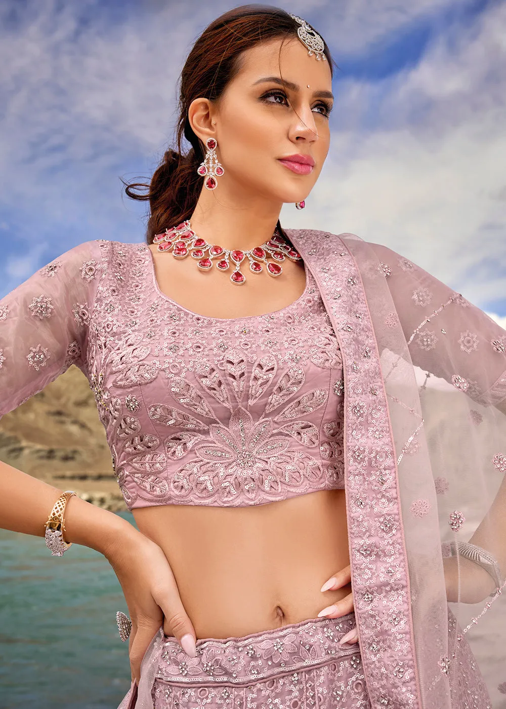 Mauve Embroidered Pure Organza Designer Bridal Lehenga Choli