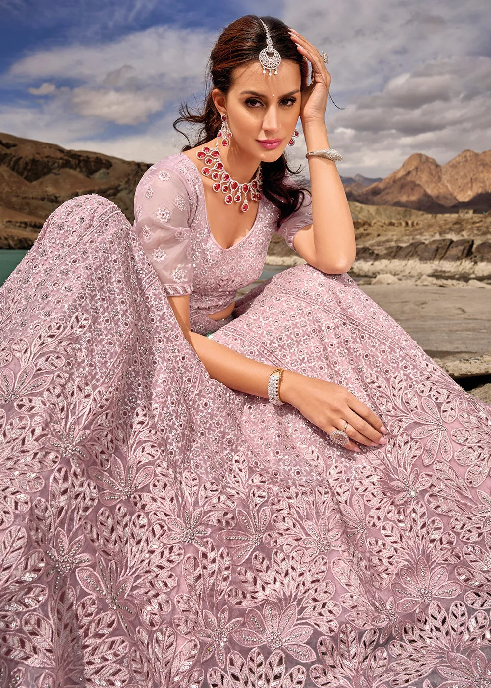 Mauve Embroidered Pure Organza Designer Bridal Lehenga Choli