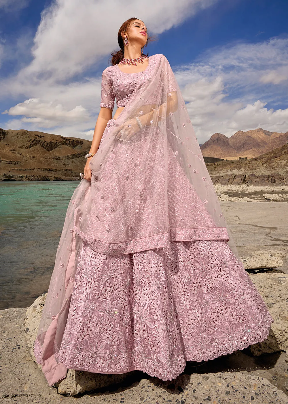 Mauve Embroidered Pure Organza Designer Bridal Lehenga Choli