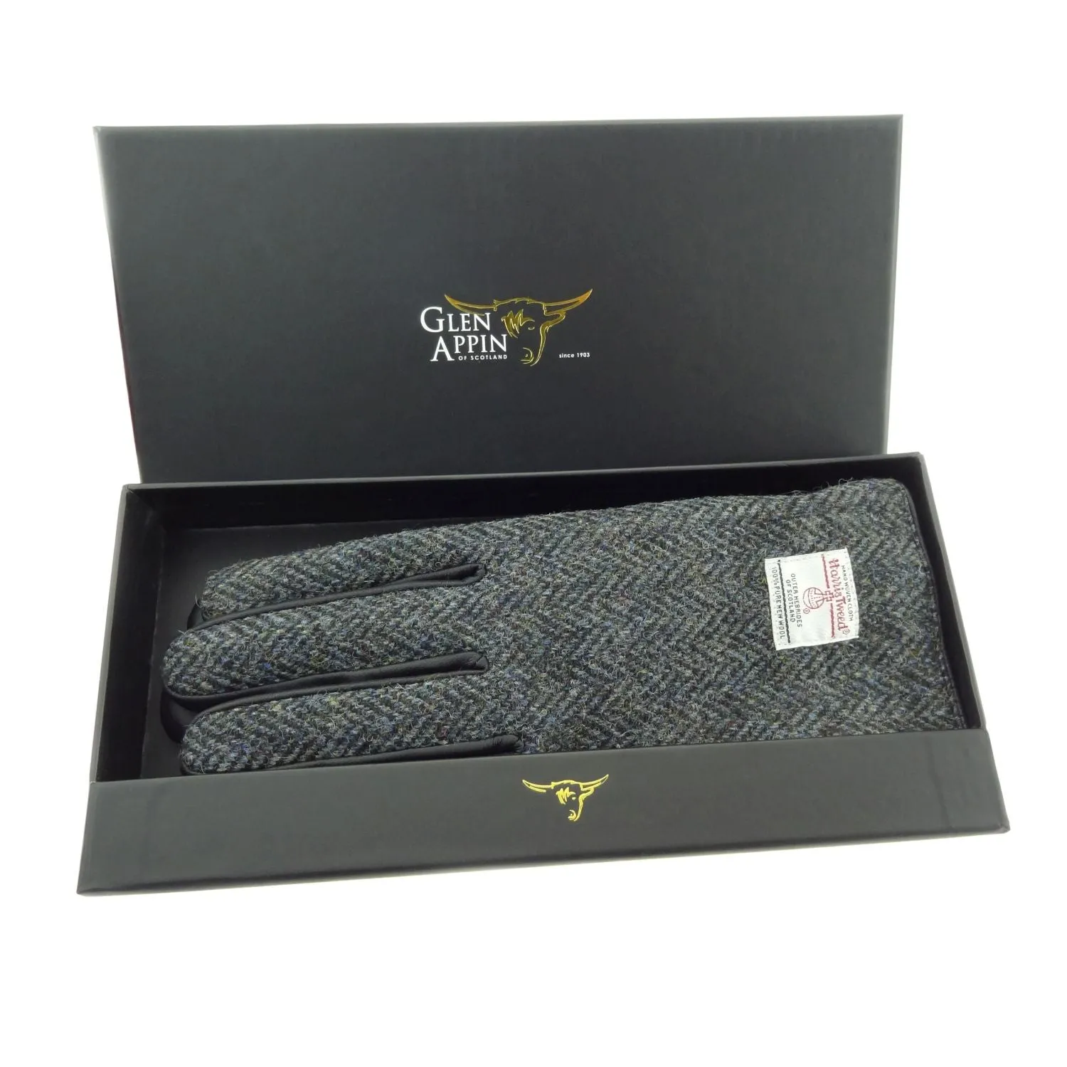 Men's Harris Tweed & Leather Boxed Glov  Charcoal Herringbone