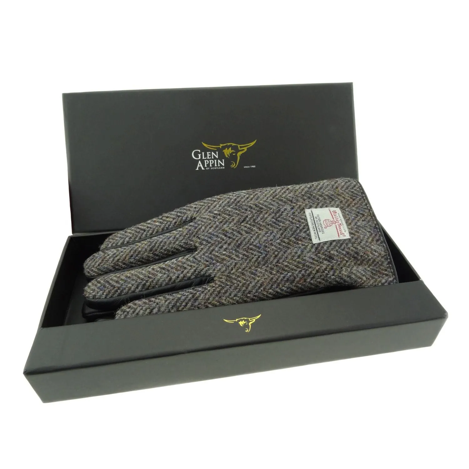 Men's Harris Tweed & Leather Boxed Glov  Heather Herringbone