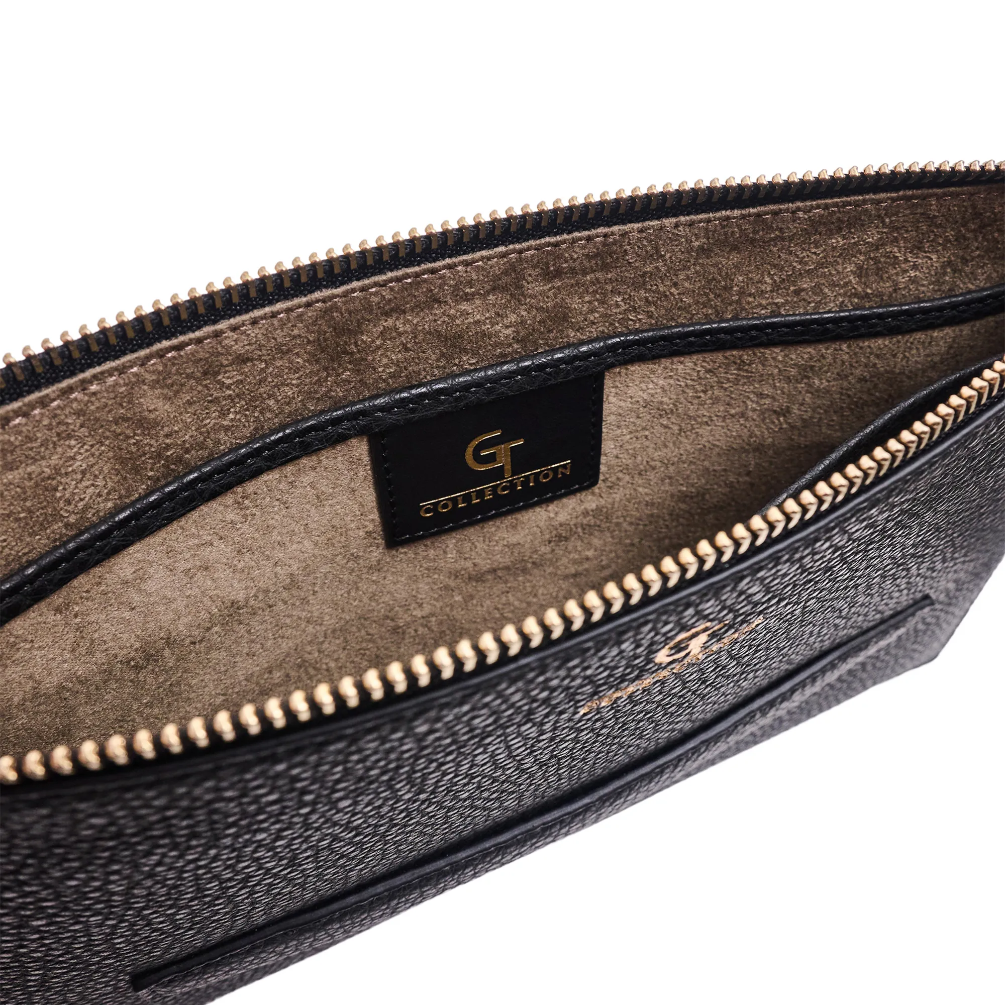 Men's Leather Hand Bag - Black with golden details