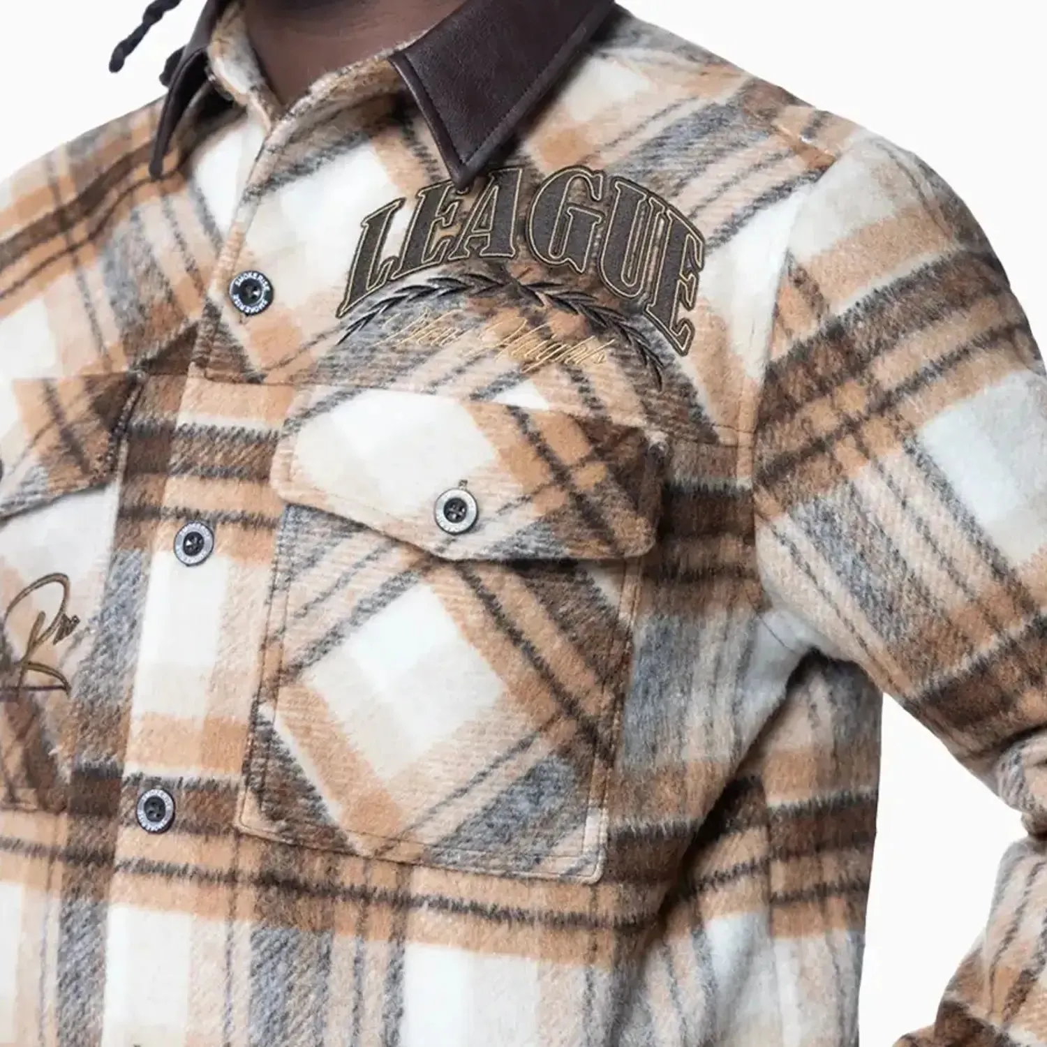 Men's Vegan Leather Collar Plaid Shacket Shirt