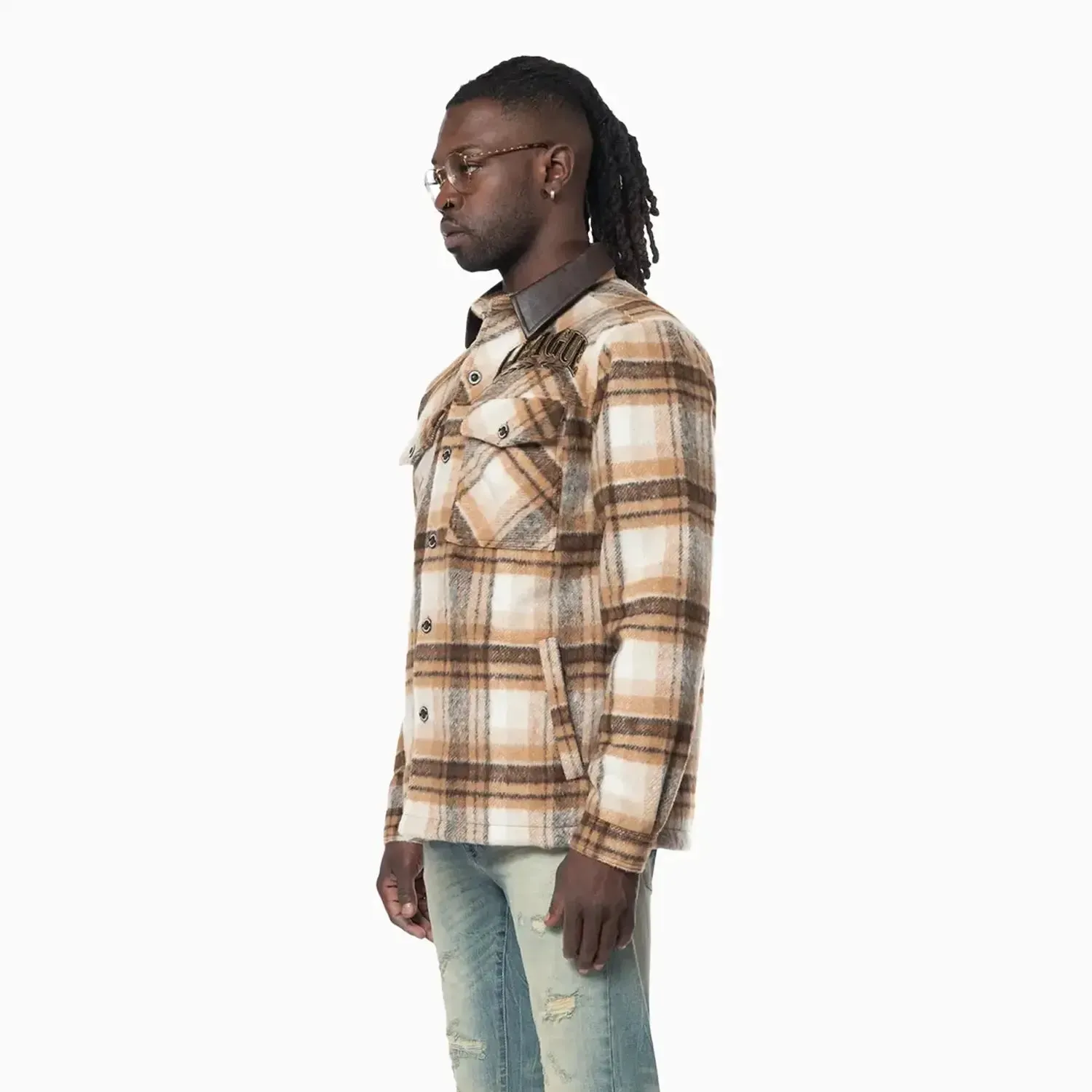 Men's Vegan Leather Collar Plaid Shacket Shirt