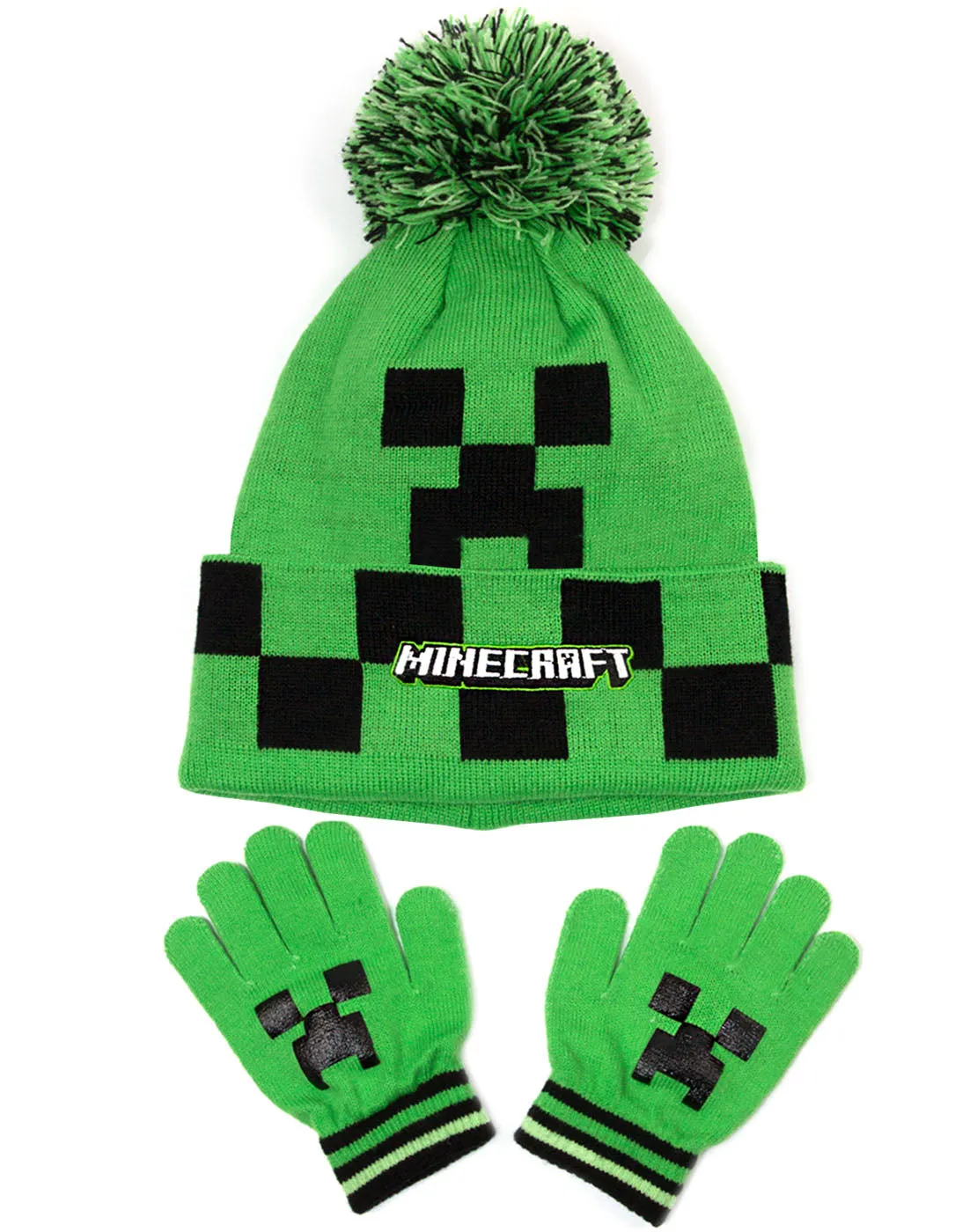 Minecraft Creeper Face Green Woolly Hat and Gloves Set