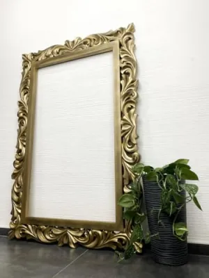 MineMeDeskCo Handcrafted Wooden Carved Mirror Frame | Antique Jharokha Style, Solid Wood with Antique Gold Finish, 4x2.5 Ft | Elegant Wall Hanging Design | Vintage | Mirror Not Included | Handicraft