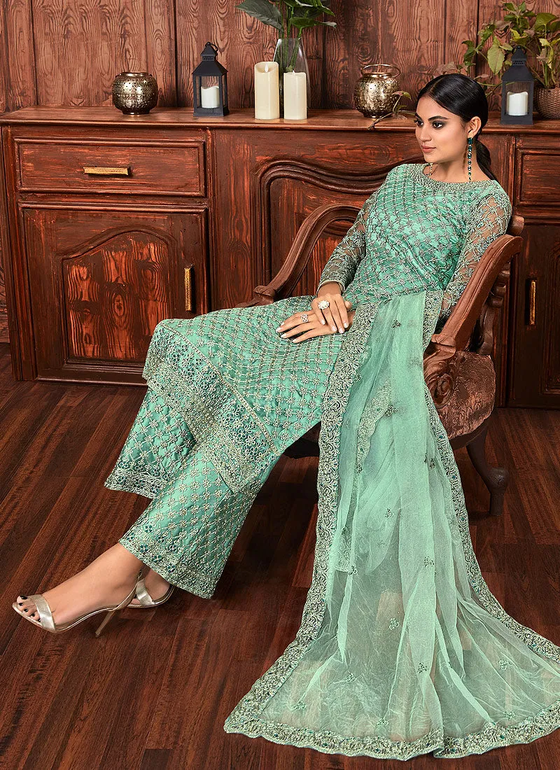 Mint Green Multi Embroidered Designer Palazzo Suit