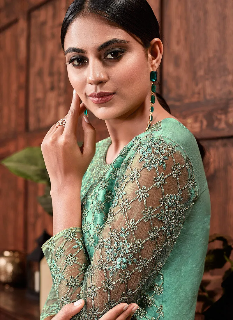 Mint Green Multi Embroidered Designer Palazzo Suit