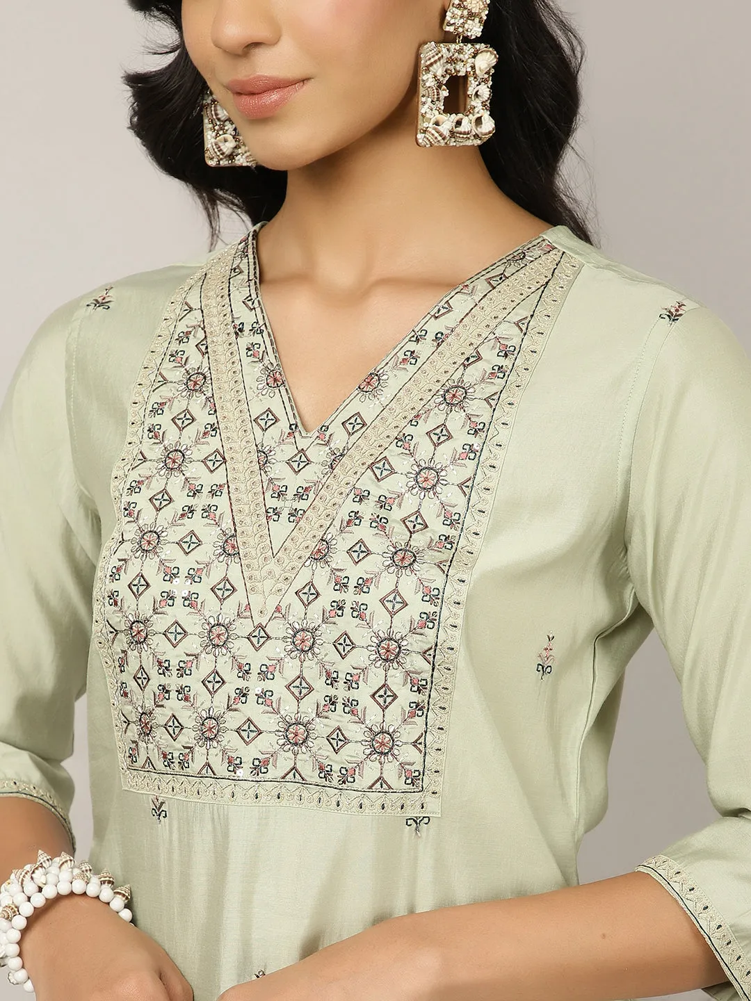 Mint Green Silk Blend Embroidered Suit Set