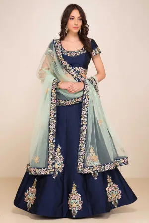 Navy Blue Designer Silk Lehenga with Embroidered Blouse