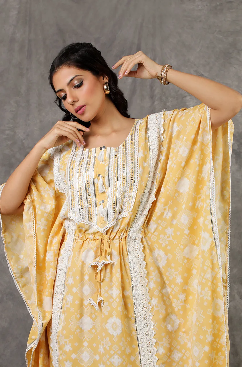 NOOR by ISHNYA - Yellow Long Kaftan Set with Embroidered Pants